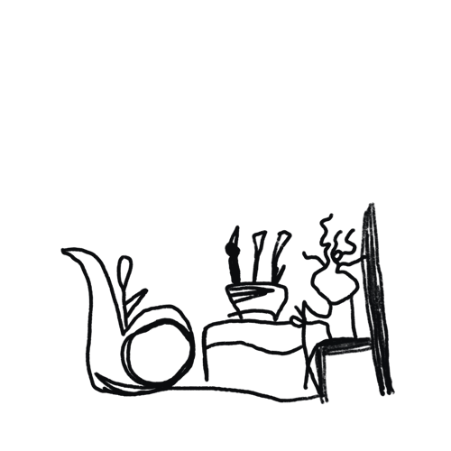 KONTAKT Skizze von einem Kind im Rollstuhl und einem Kind, die an einem Tisch sitzen und essen