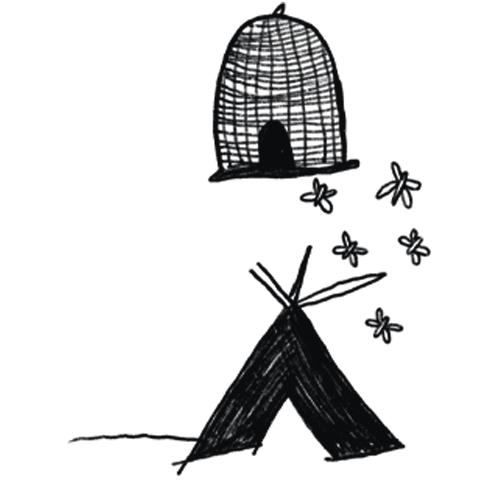 LERNEN & WORKSHOPS Skizze von einem Zelt und einem Bienen Nest